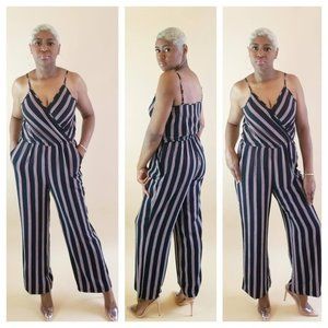 Striped Wrap Front Jumpsuit Black Red White